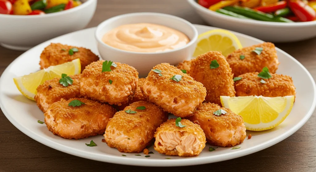 Crispy air fryer salmon bites on a white plate, garnished with lemon wedges and fresh herbs, served with dipping sauce.