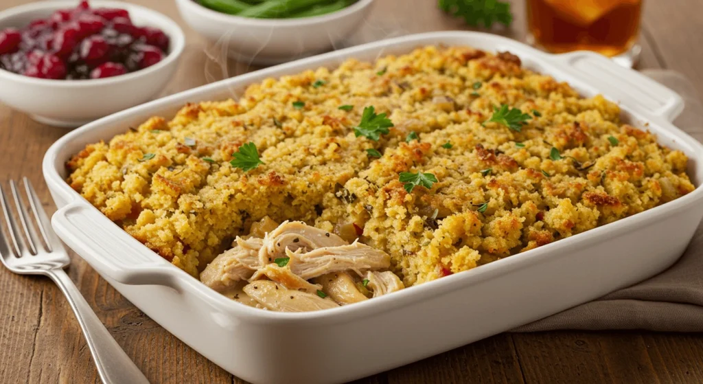 Golden-brown chicken and cornbread dressing casserole in a white dish, garnished with parsley, served with cranberry sauce and green beans.