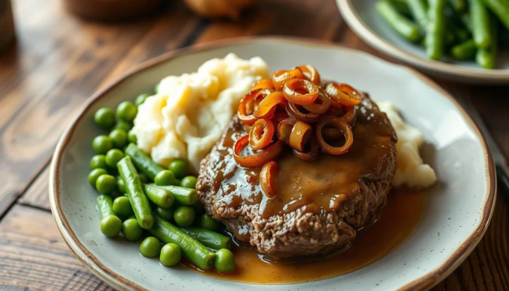 Plated Salisbury steak topped with caramelized onions and savory gravy, served alongside mashed potatoes, green peas, and green beans on a rustic ceramic plate.