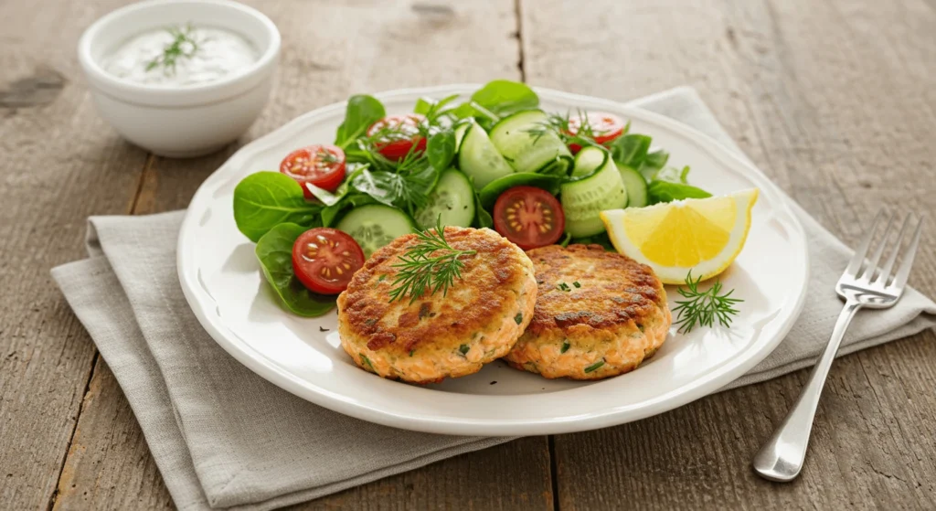 A plate of golden-brown Southern salmon patties garnished with fresh parsley, served with a side of dipping sauce and lemon wedges.