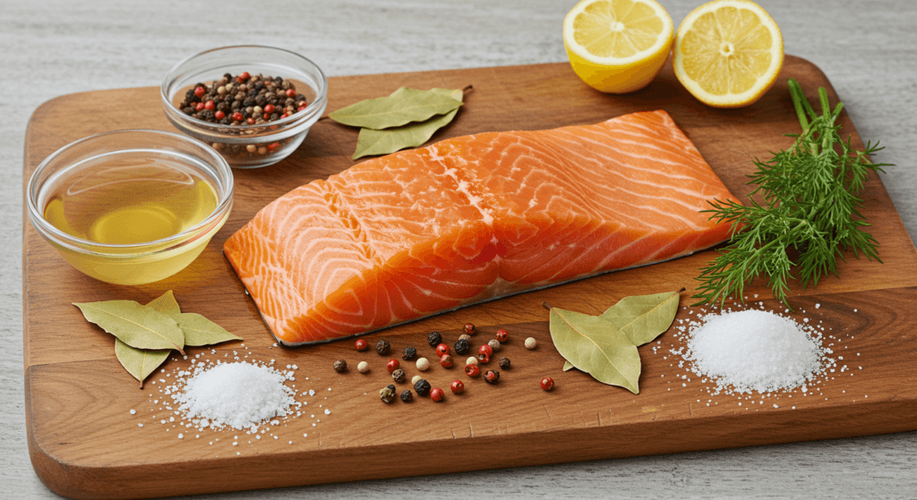 Ingredients for smoked salmon brine on a wooden board with fresh salmon.