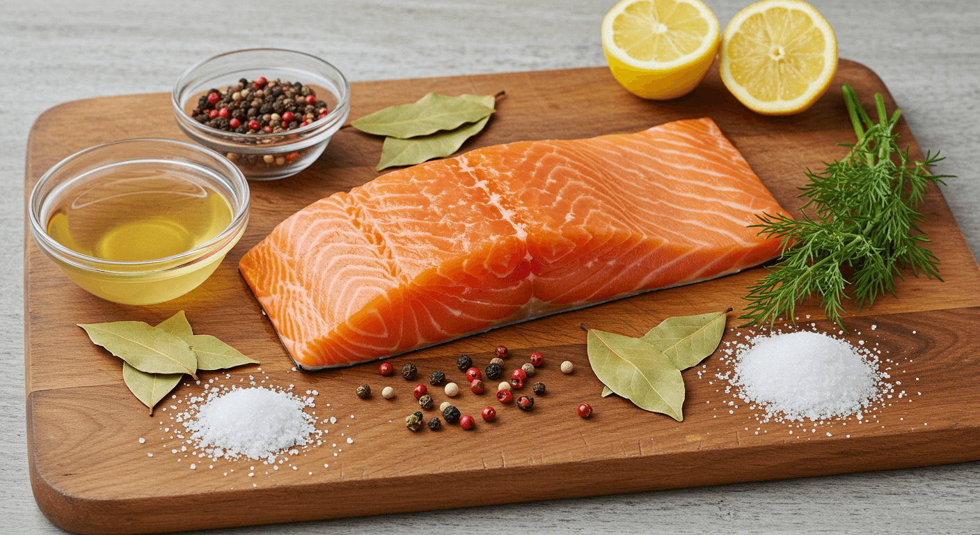 Ingredients for smoked salmon brine on a wooden board with fresh salmon.