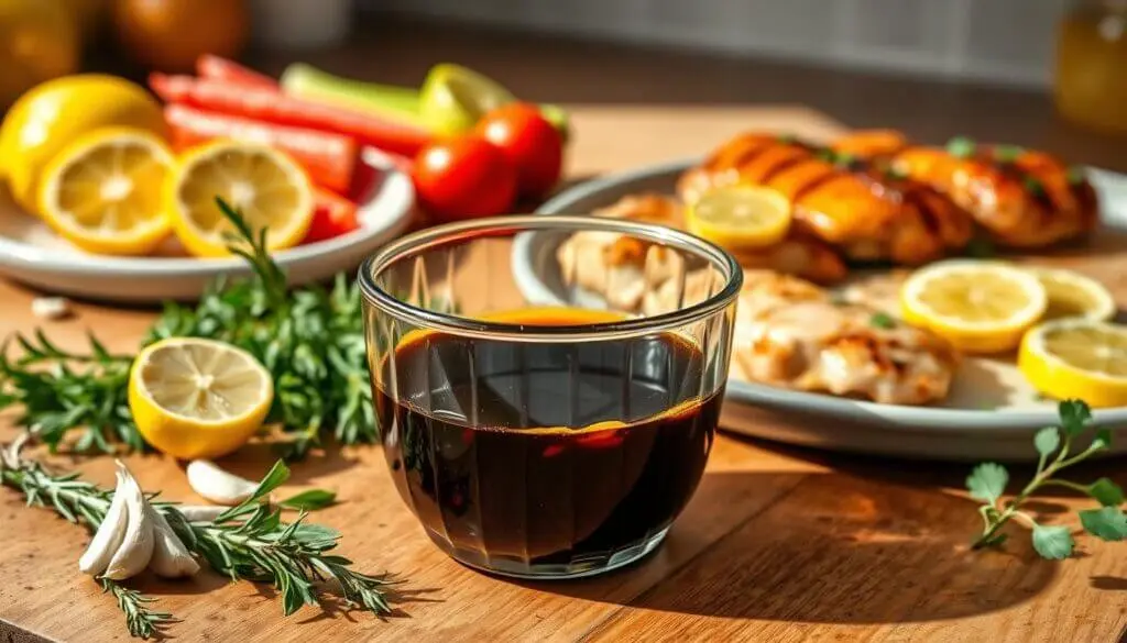 A glass of balsamic marinade on a wooden table surrounded by fresh ingredients and grilled chicken.