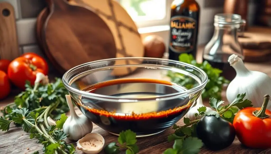 A bowl of balsamic marinade surrounded by fresh herbs, garlic, and tomatoes.