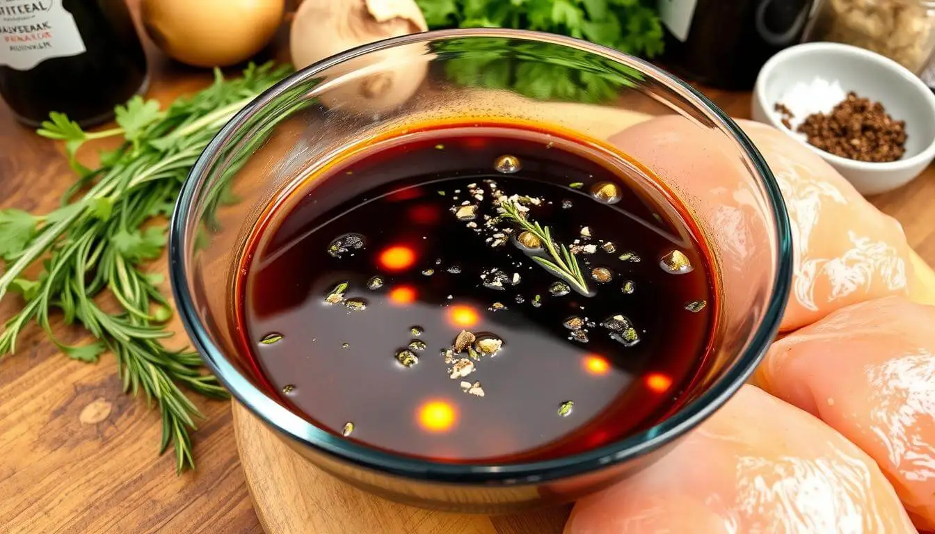 A bowl of balsamic chicken marinade garnished with herbs and spices, surrounded by fresh ingredients like rosemary and parsley.