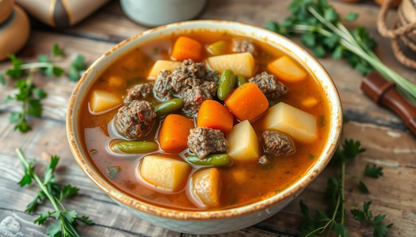 Beef and vegetable soup with beef, carrots, green beans, and potatoes in a bowl.