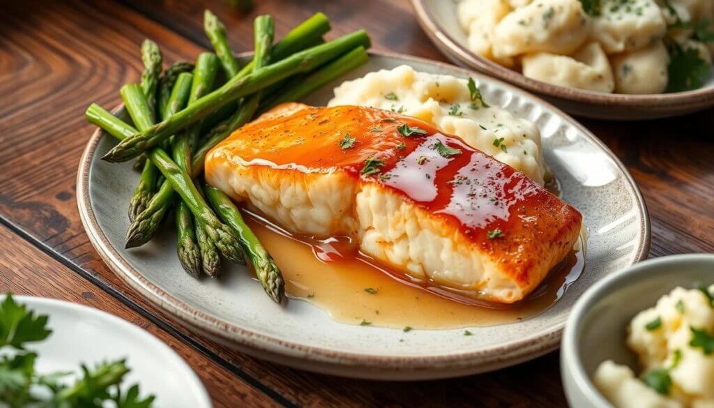 A glazed salmon fillet served with mashed potatoes and steamed asparagus on a white plate.