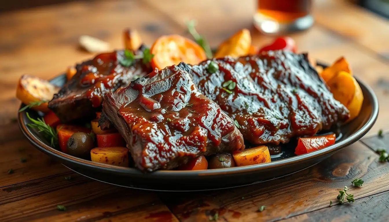 Glazed boneless beef short ribs on roasted vegetables with fresh herb garnish.