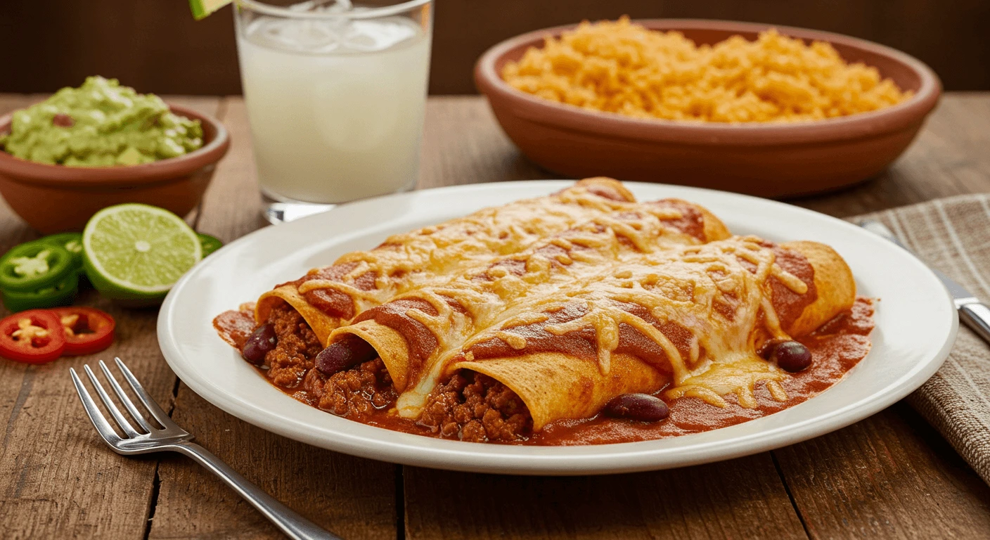 Chili con carne enchiladas topped with melted cheese, served with sides and a drink.