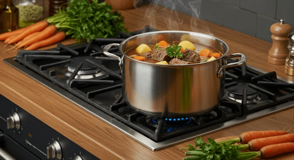 A pot of beef and vegetable soup simmering on a modern stovetop, surrounded by fresh carrots and parsley on a wooden countertop.