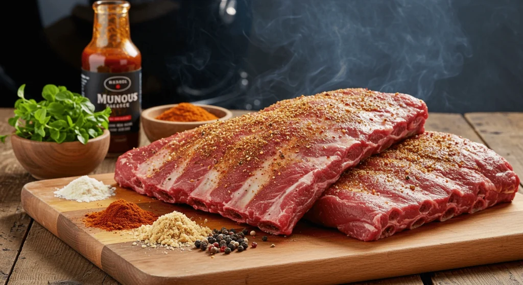 Raw Seasoned Beef Back Ribs with Ingredients