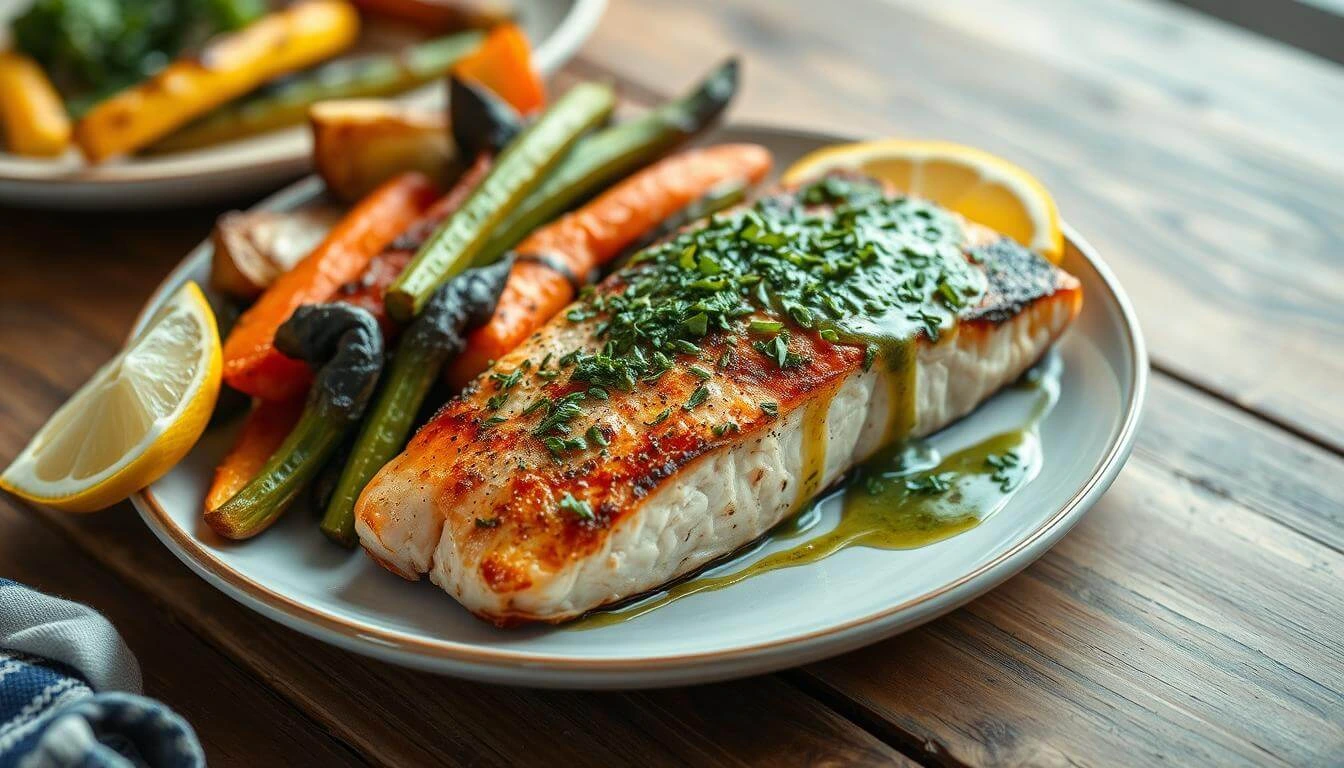 A plate of seared salmon topped with fresh herbs and a drizzle of green sauce, served alongside roasted vegetables like carrots, asparagus, and potatoes, with a lemon wedge on the side