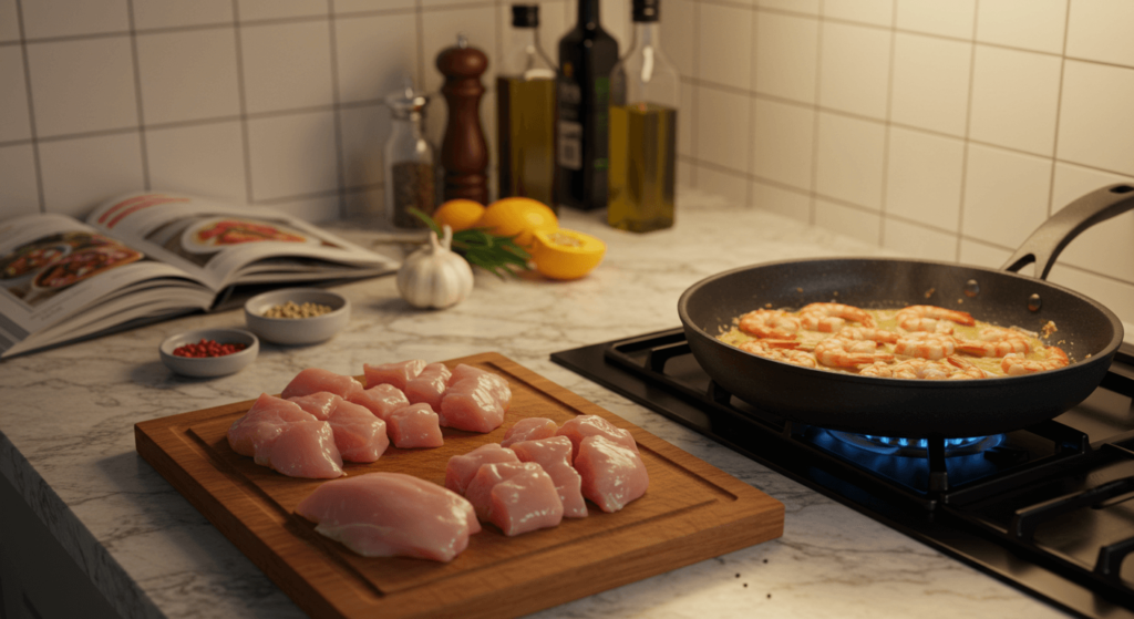 cooking chicken and shrimp for alfredo